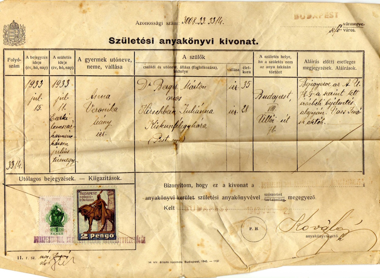 Anna’s birth certificate (Dr Zoltán Berger)