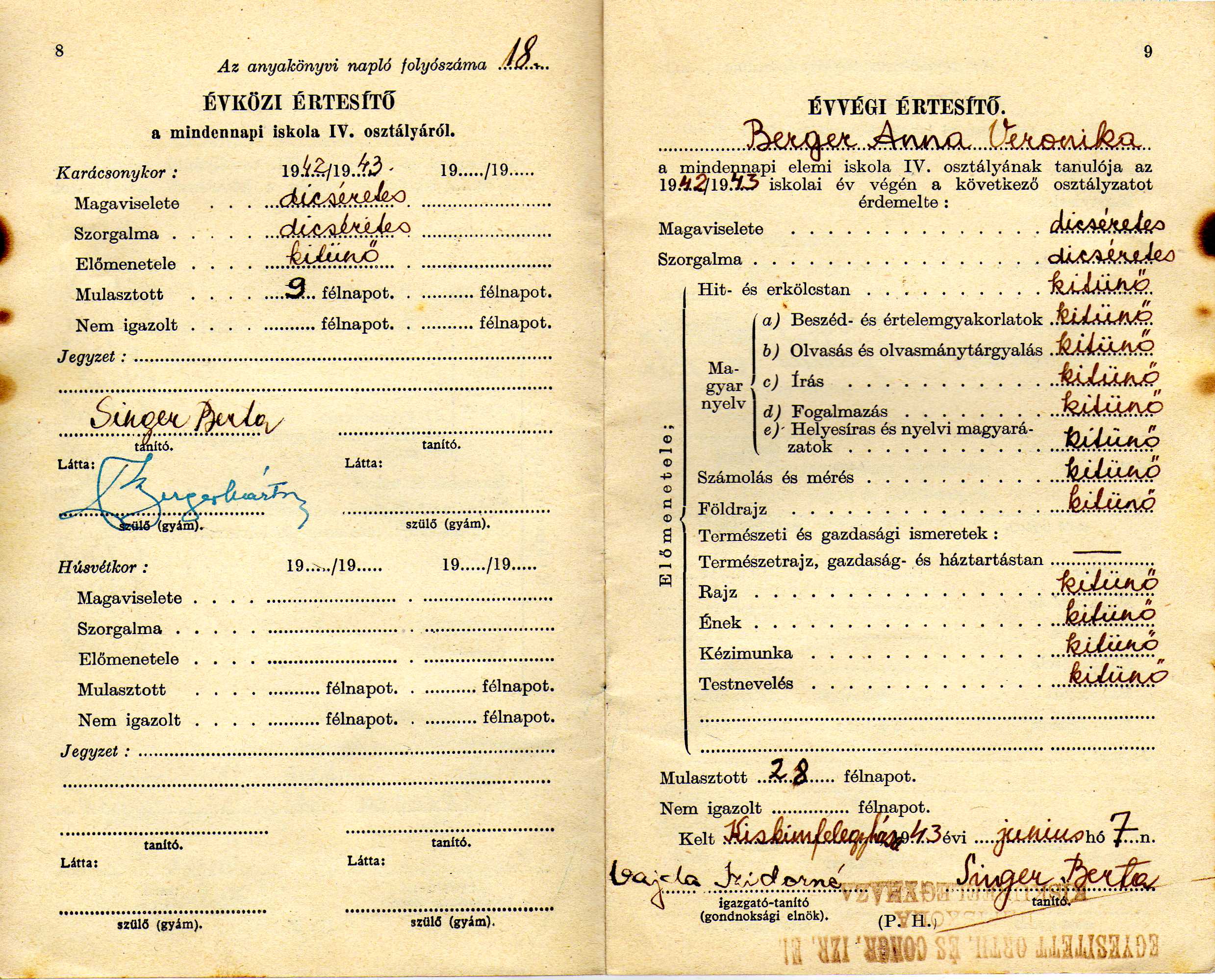 The last school report of Panka Berger from 1943 (Dr Zoltán Berger)