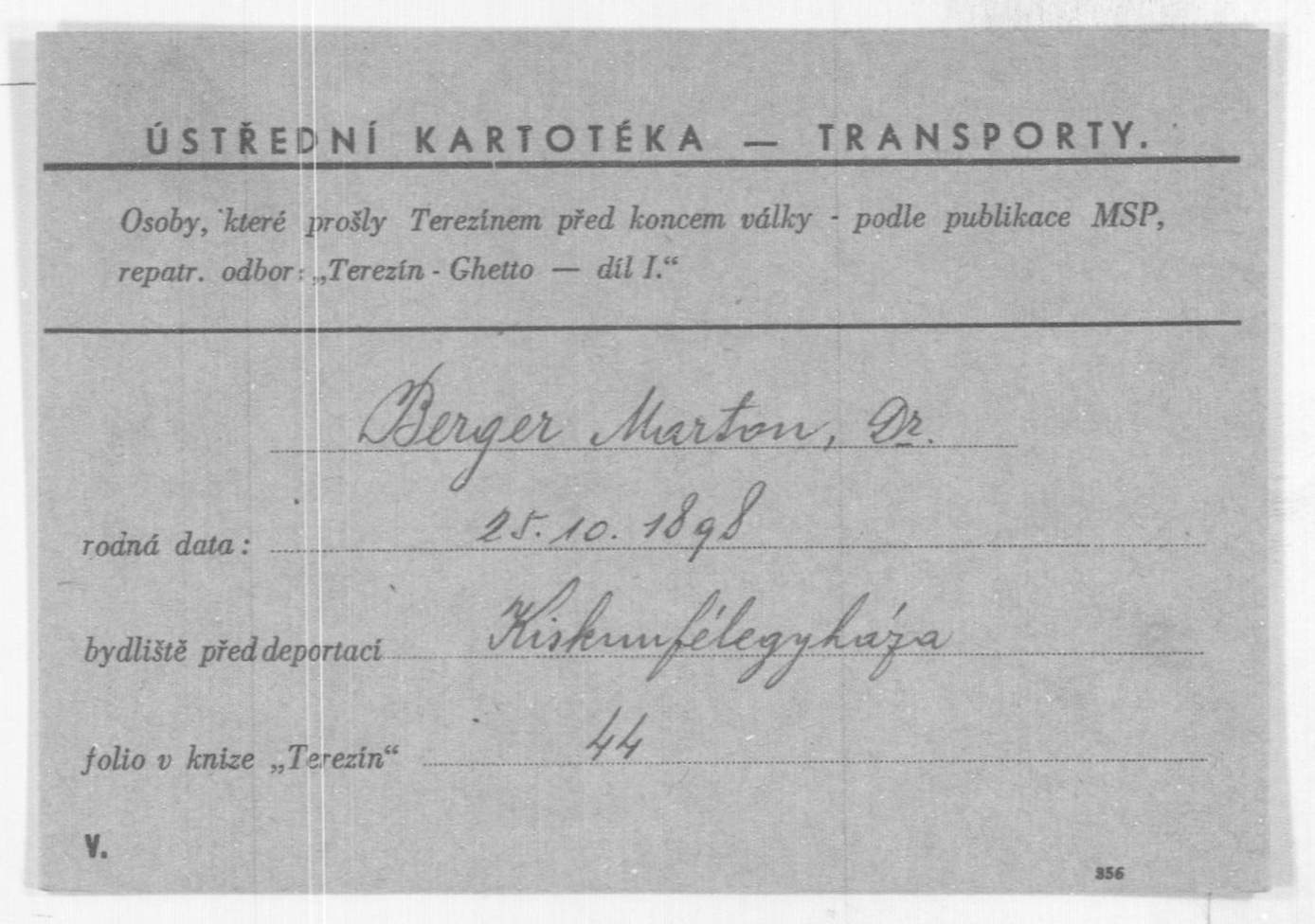 Transport card issued for Dr Márton Berger in Theresienstadt (Arolsen Archives ITS)