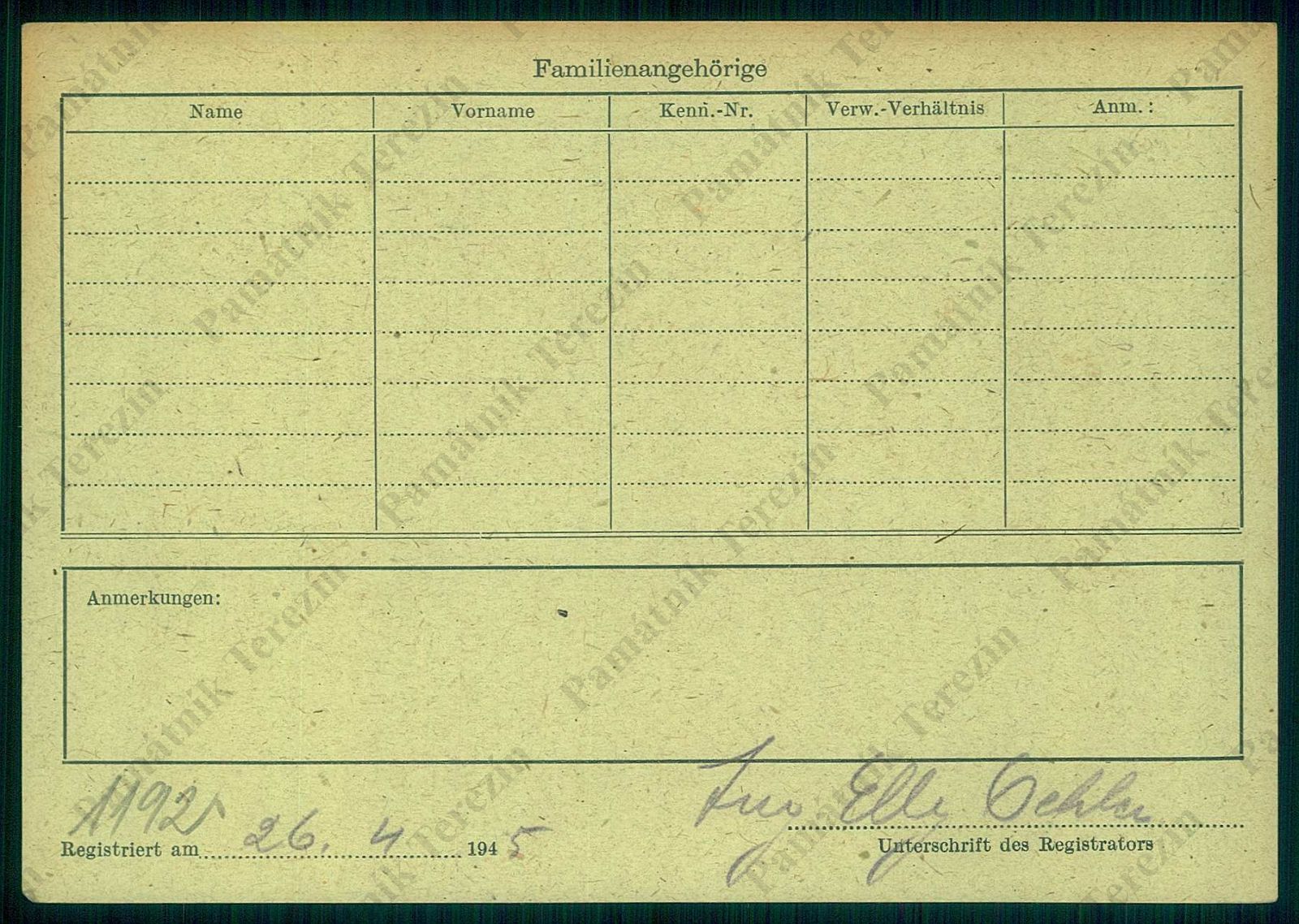 Registry card of Márton Berger with the date of arrival on the verso page (Pamatnik Terezín)