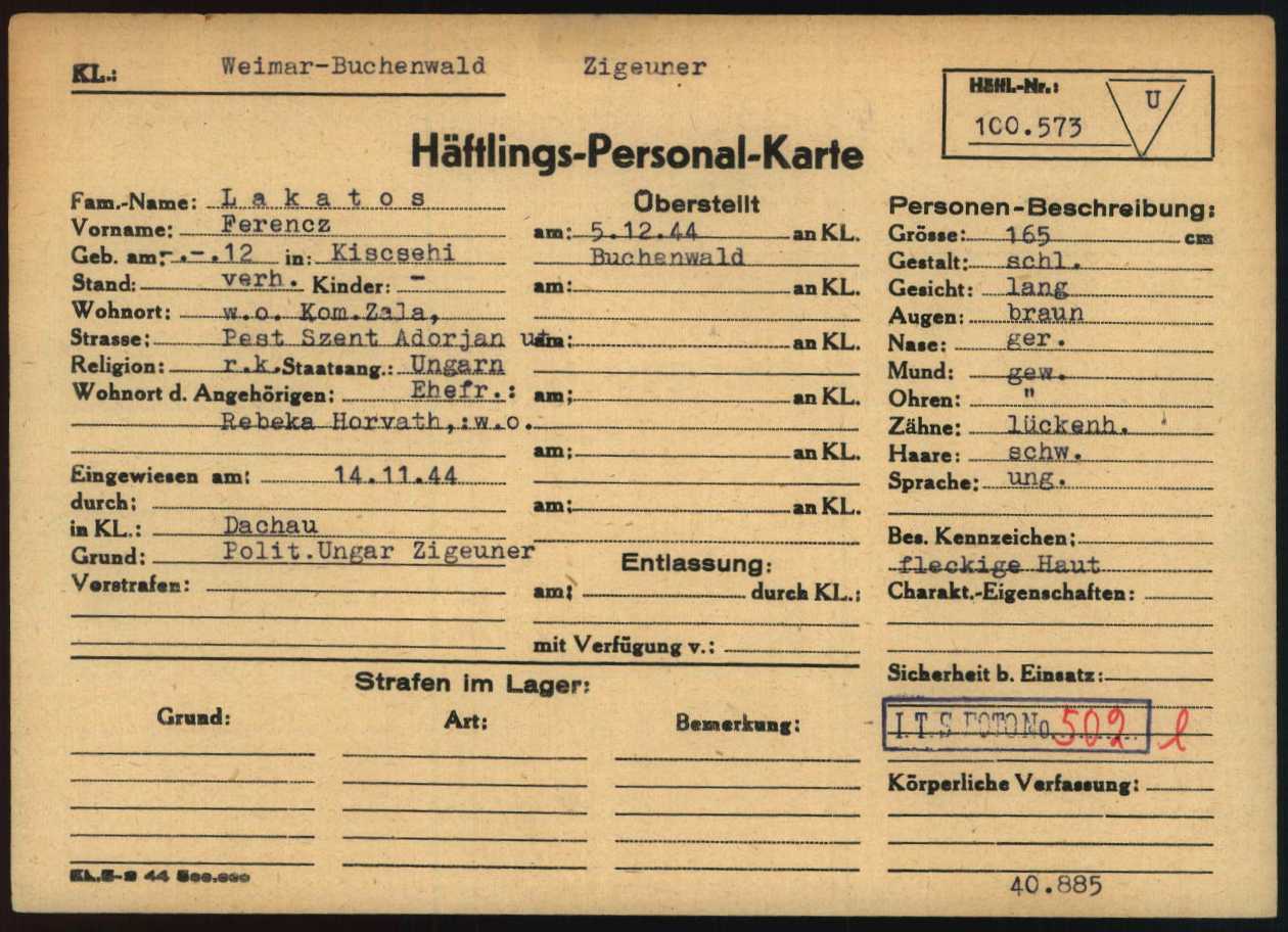 Lakatos's identity card from Buchenwald, with the typed entry Zigeuner, i.e. “Gypsy” (ITS, Arolsen Archives)