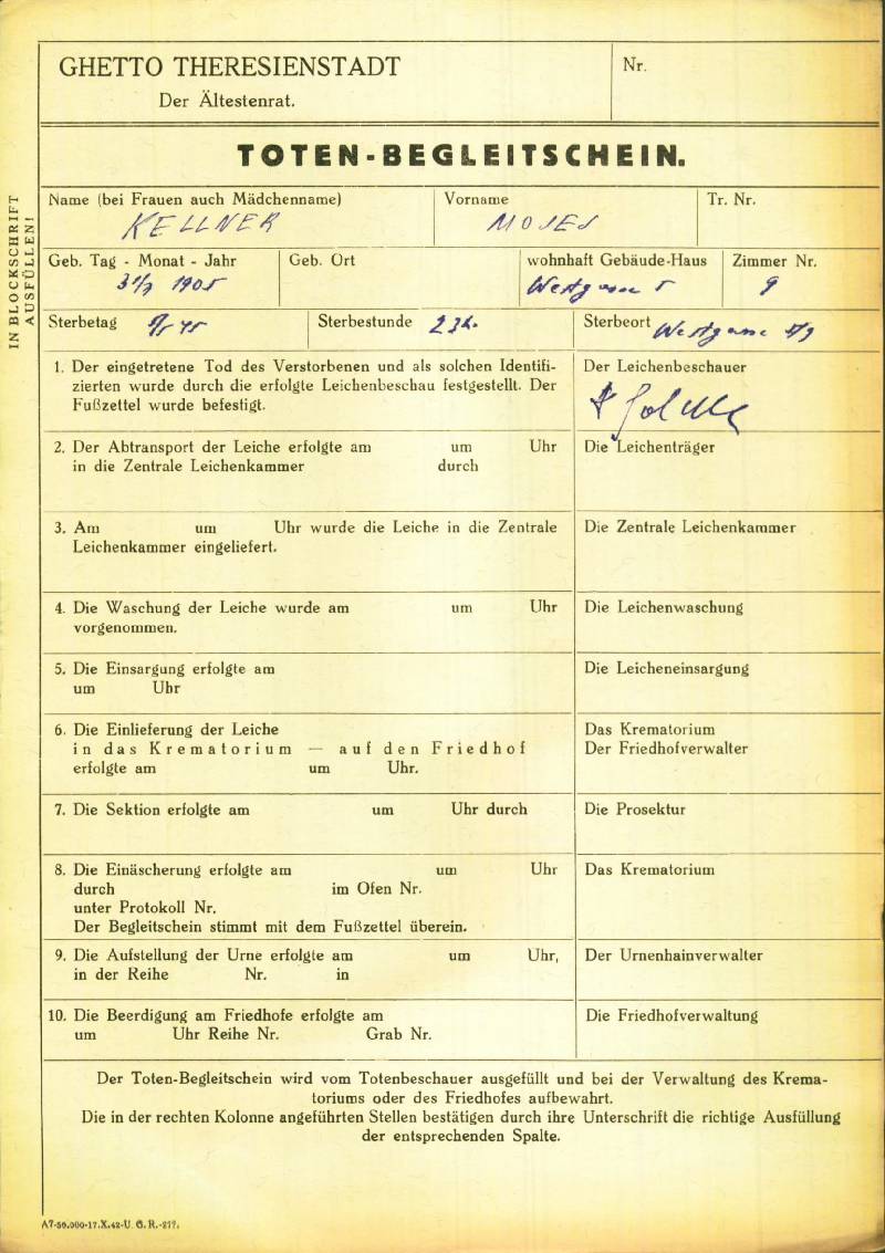 Moses (Mózes) Kellner was born in Makó on 31 July 1905. He lived in Komárom before the deportation. He was taken to Bergen-Belsen and from there to Theresienstadt on 21 April 1945. According to this document he died on 5 May 1945, a few days before the liberation.