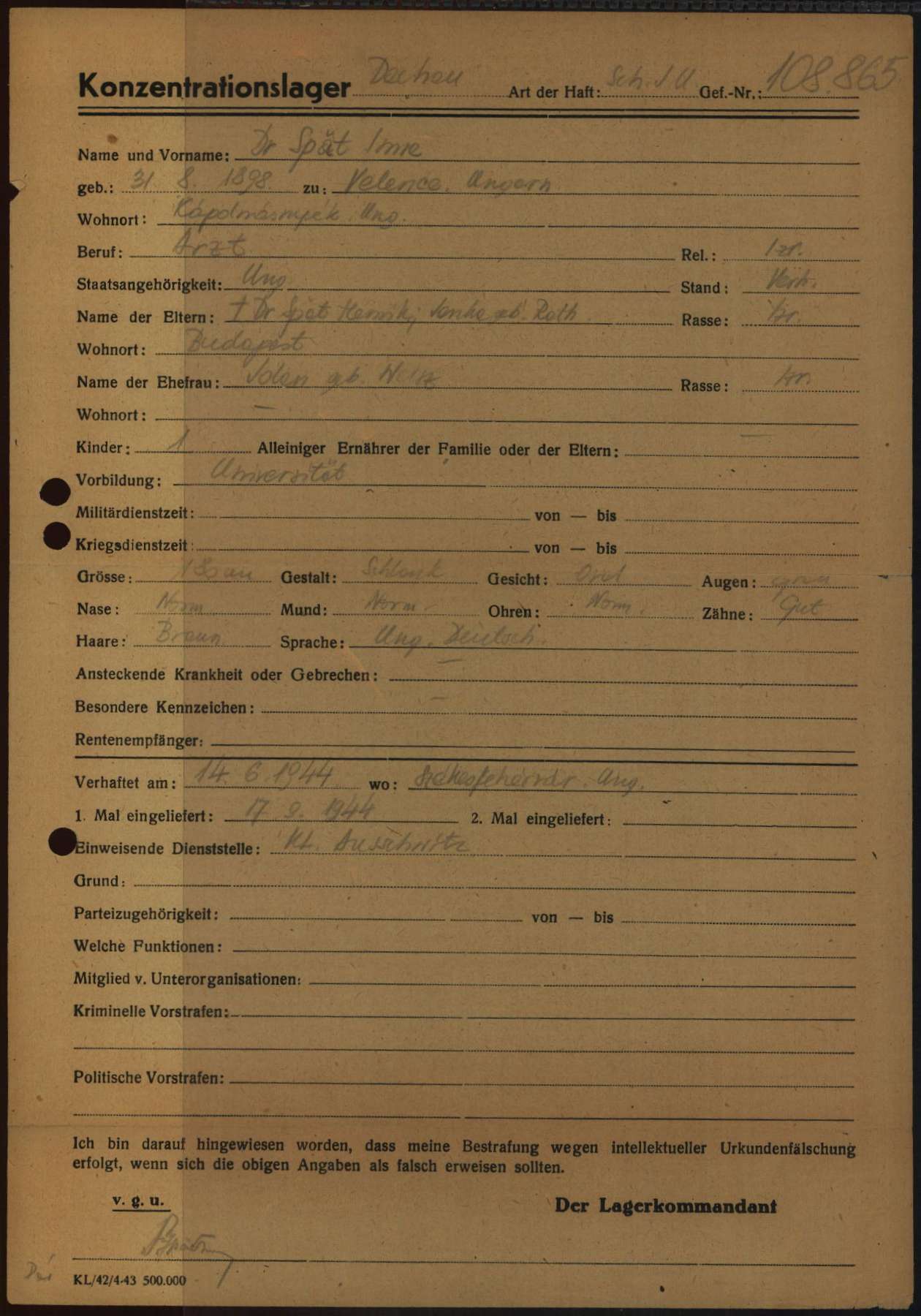The Dachau prisoner registry form of Dr Imre Spӓt, indicating his wife’s name (Jolán Weisz) and his prisoner registry number: 108865. (Arolsen Archives ITS)