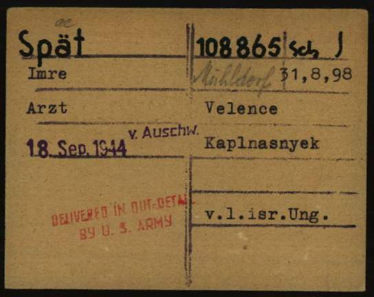 Imre’s Dachau registry card with the pencil-written note: “Mühldorf” (Arolsen Archives ITS).