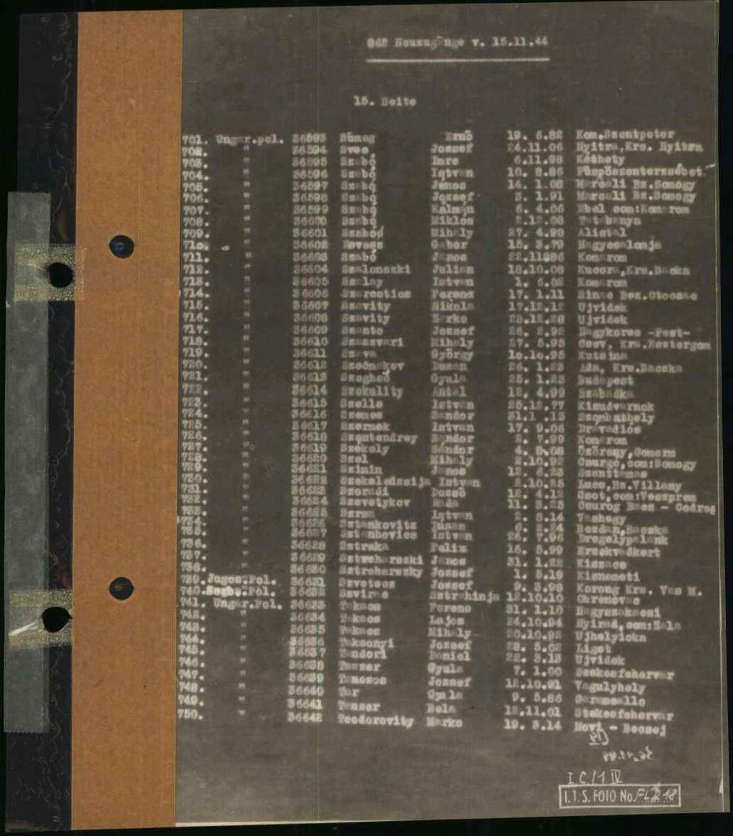 The list of names of the Hungarian transport arriving at Flossenbürg on 15 November 1944: among the prisoners, István Szelle with the number 36615 (Arolsen Archives ITS)