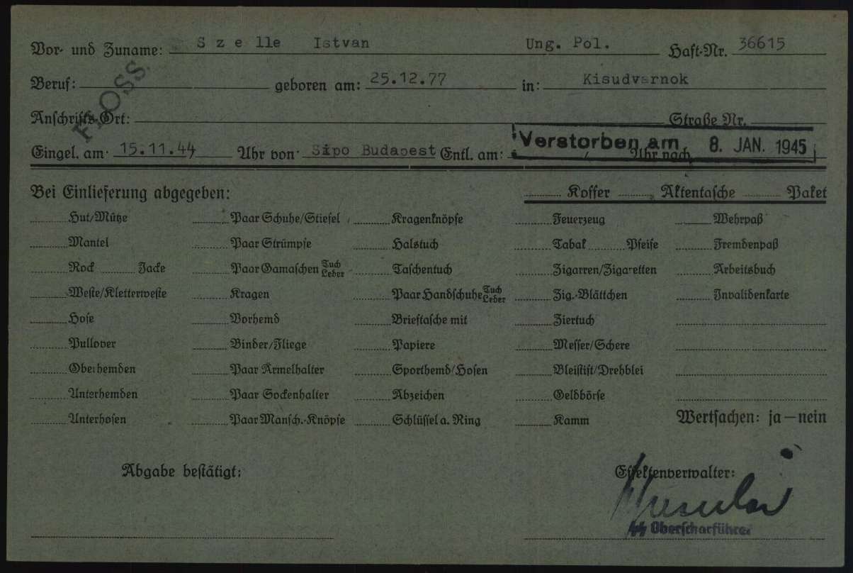 An identity card of Szelle from Flossenbürg, stamped "Verstorben am 8. Jan. 1945", i.e. “died on 8 January 1945” (Arolsen Archives ITS)