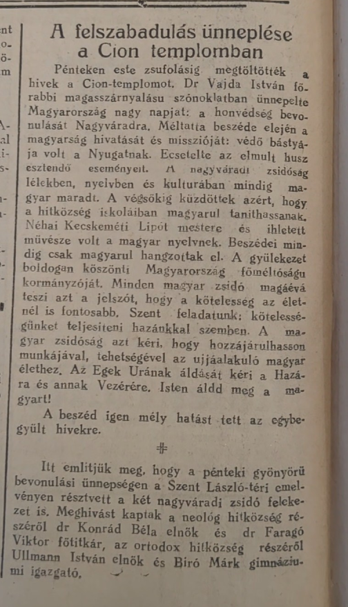 Newspaper article about the Neolog (reformed) Jews in Nagyvárad (Oradea) celebrating the re-annexation of Transylvania to Hungary. Nagyvárad, 8 September 1940.