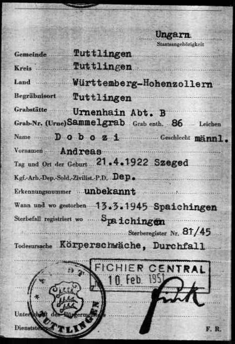 Post-war document about András Dobozi (Arolsen Archives ITS)