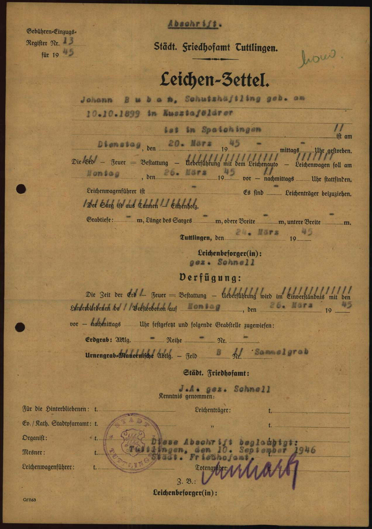 The death of János Bubán was also recorded in the registry office of the neighbouring town of Tuttlingen (Arolsen Archives ITS)